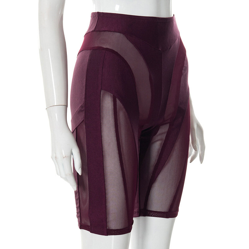 BKLD-pantalones cortos de cintura alta para mujer, ropa de moda, pantalones cortos ajustados de retazos de malla de perspectiva Sexy de Color sólido, primavera 2022