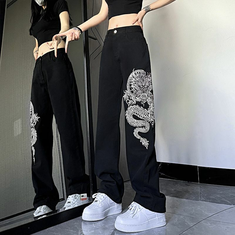 Haftowany smok jeansy totemowe Hip Hop workowate dżinsy Streetwear Y2k męskie jeansy luźna szeroka nogawki Denim wysokiej jakości