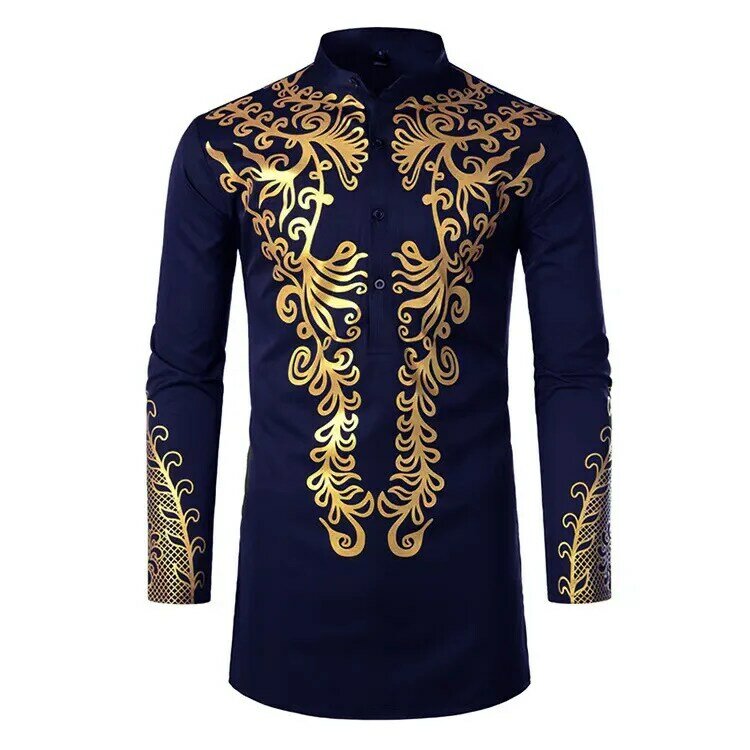 2024 Afrikaanse Gouden Gepolijste Overhemden Mode Afrika Heren T-Shirt Lange Mouw Mid-Length Moslim Vrijetijdskleding Bedrukte Tops
