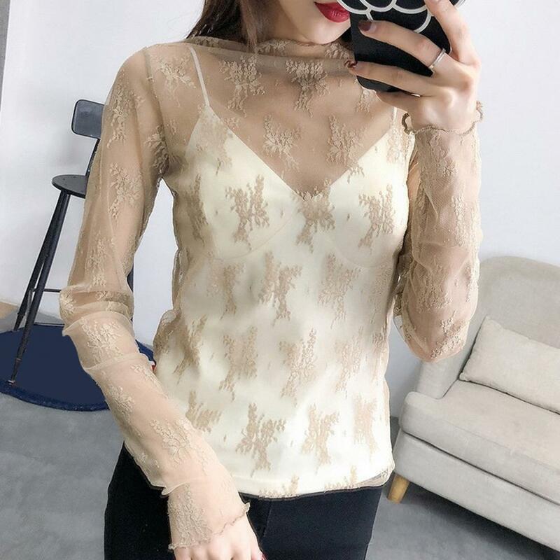 Women Floral Top Embroidered Lace Shirt Floral Embroidered Lace Sheer Mesh Women's Tops Sexy Clubwear Shirt with Crew Neck Long