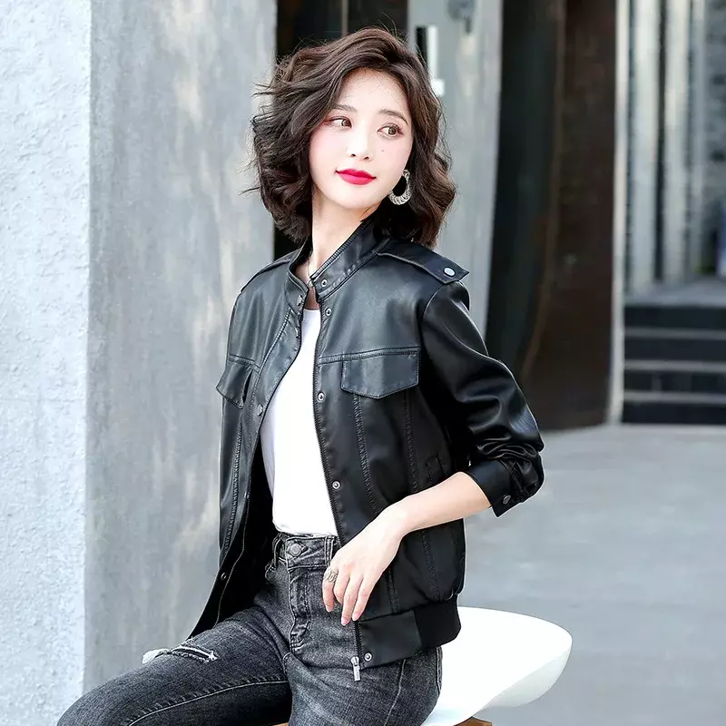 Short Leather Jacket Women Clothes Fashion Casual Coat Stand Collar Spring Autumn Women's Leather Jackets Slim Chaqueta Mujer