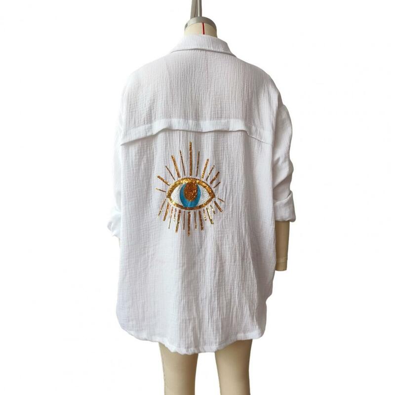 Abrigo de camisa de longitud media para mujer, una sola botonadura con solapa de ropa de abrigo, decoración de Ojos de lentejuelas, ajuste suelto, Primavera