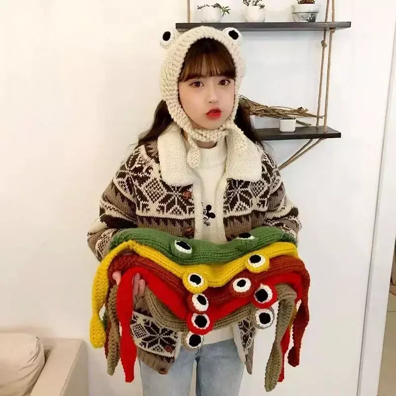 GL Frog Shaped Women's Autumn and Winter Cute Ear Protection Hat Student Warm Hood Cat Ear Knitted Beanie Headband Cap Earmuff