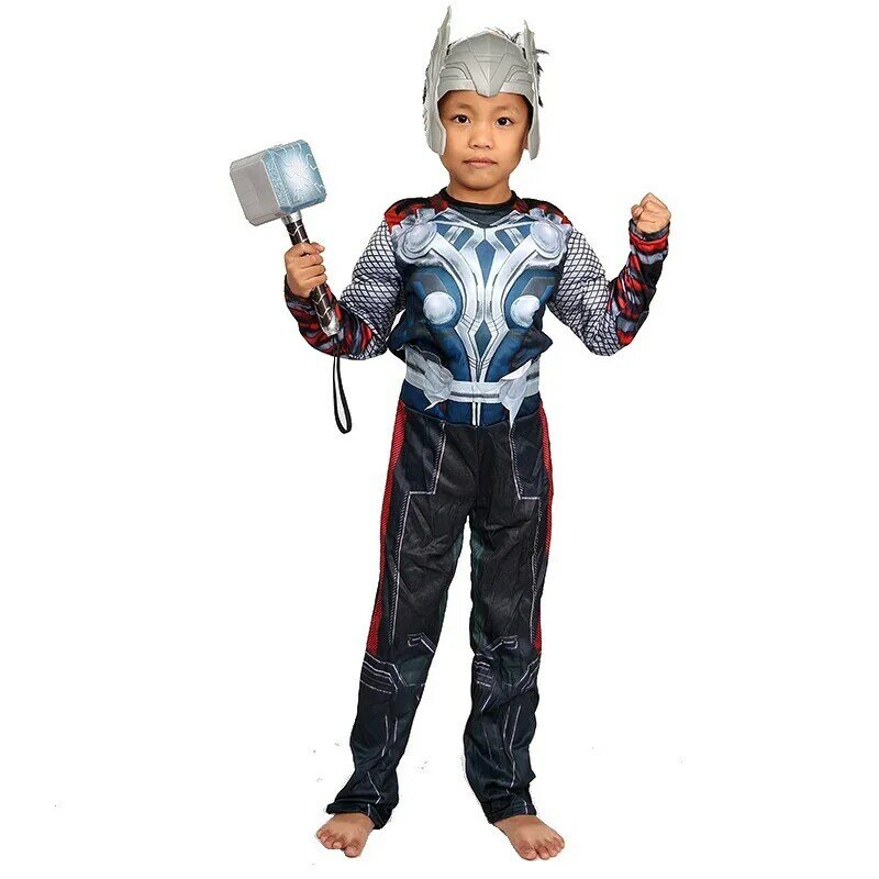 Anak-anak Thor kostum otot Superhero Thor Cosplay kostum otot Jumpsuit masker palu Halloween karnaval pakaian untuk anak-anak