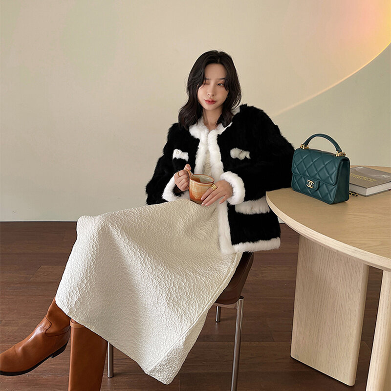 럭셔리 브랜드 렉스 토끼 디자인 짧은 코트 여성용, 새로운 한국 스타일, 대조 색상, 사교계 스타일, 신제품