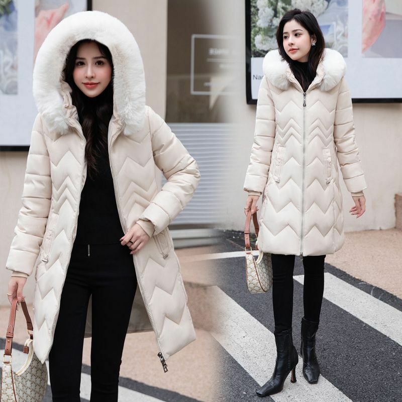 女性用の羽毛襟付きジャケット,コート,暖かいコート,韓国の冬,2022, 2024