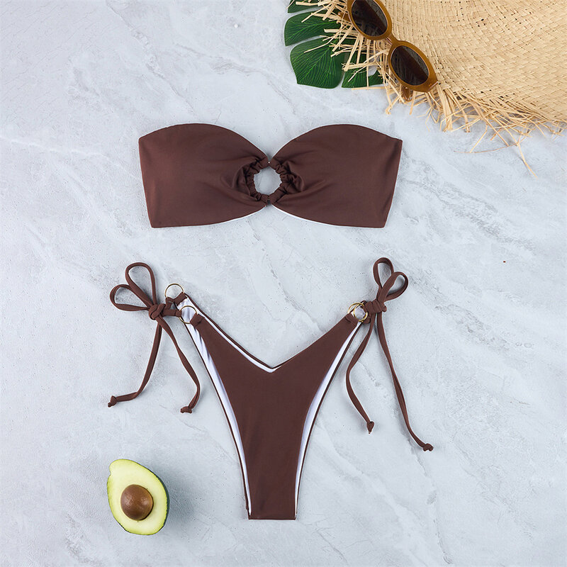 Conjunto de bikini de color café para mujer, Bandeau traje de baño, anillos separados, cordón Sexy, traje de baño de vendaje con cordones, Tanga de playa