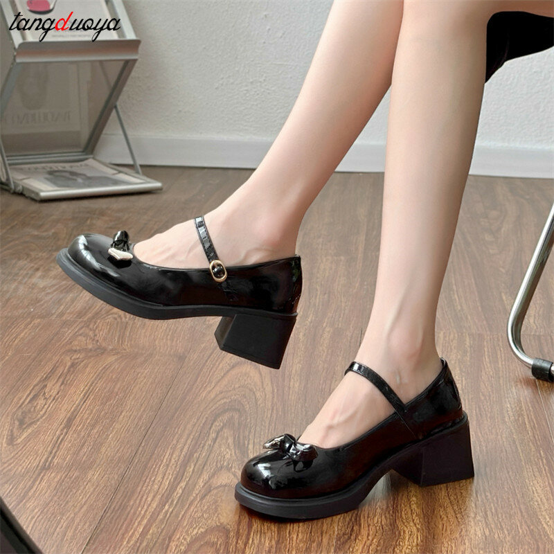 2024 Summer Mary Jane Shoes Fashion Preppy Style Small Leather Shoes Ladies Elegant Bow Buckle Strap Single Pumps Lolita Shoes