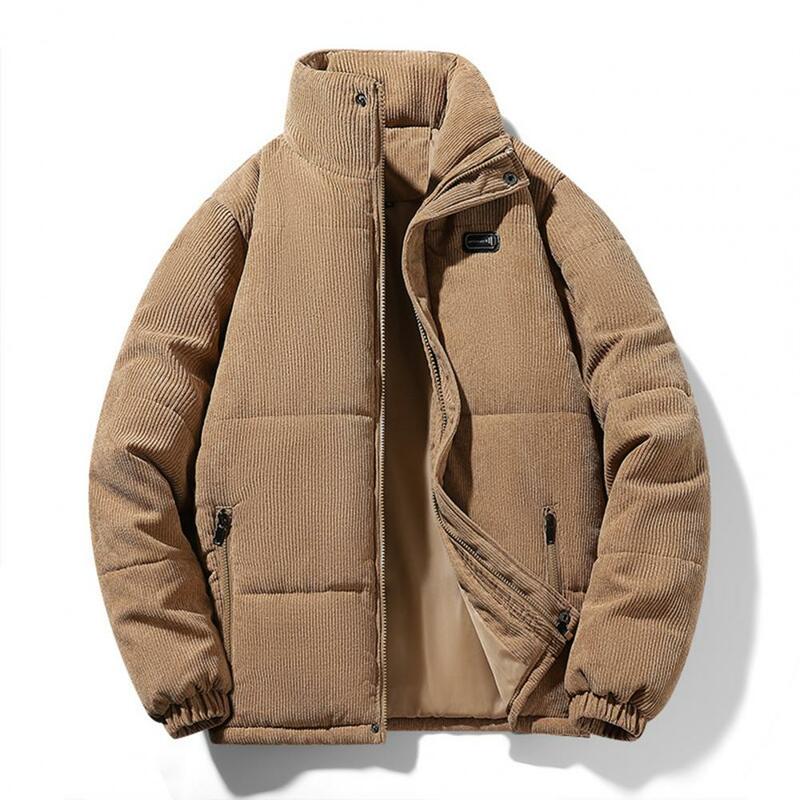 Casaco de algodão masculino com gola Stand, casaco acolchoado grosso, bolsos de manga longa quente à prova de vento, punho elástico, fechamento do zíper, inverno