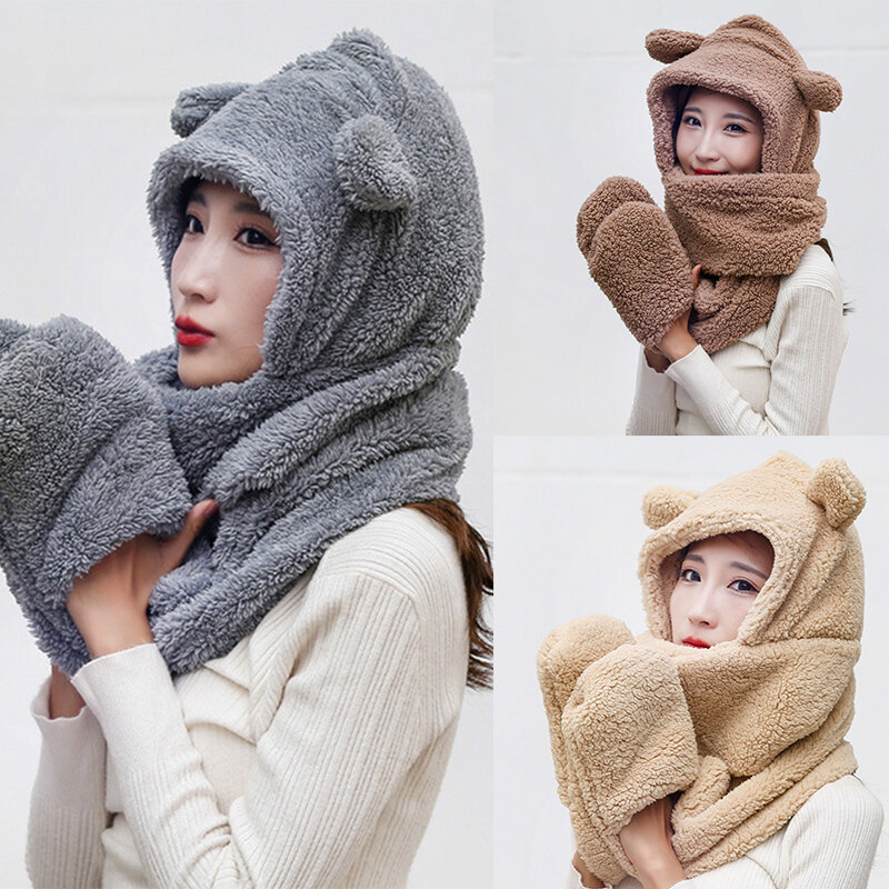 Luvas e cachecol de proteção de orelha feminina, tudo em um, fofo, com capuz, luxuoso, quente, maré coreana, feminino, outono, inverno