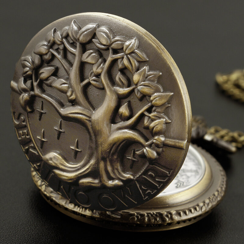 นาฬิกาควอตซ์สายโซ่สร้อยสตรีสำหรับผู้ชายนาฬิกาพกสีทองสัมฤทธิ์ลายต้นไม้แห่งชีวิตแนววินเทจ