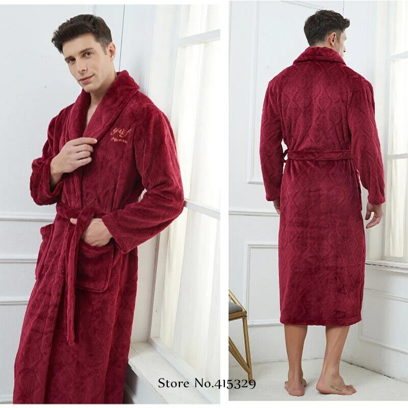 Robe longo de lã coral masculino, roupão de quimono, roupa caseira solta, pijamas de inverno, plus size, 3XL, 4XL, novo