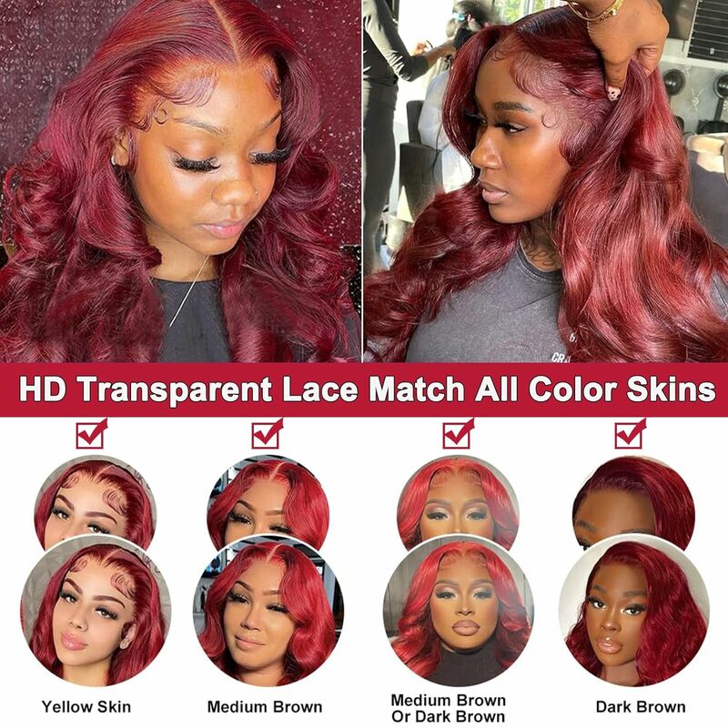 Body Wave-Borgonha Lace Front Wig, HD Lace Frontal perucas, pré arrancado com o cabelo do bebê, cabelo humano, vinho vermelho, 99J, 13x4, 30"