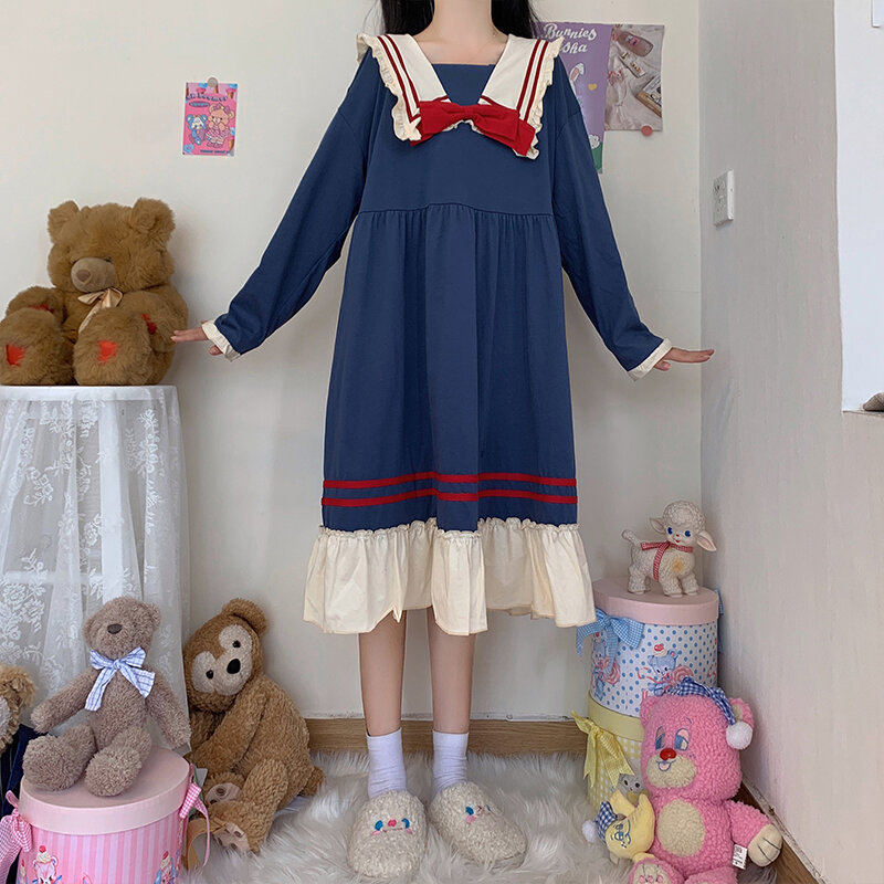 Vestidos japoneses com gola sailor, vestidos fofos para meninas, uniforme escolar azul marinho, temperamento para outono