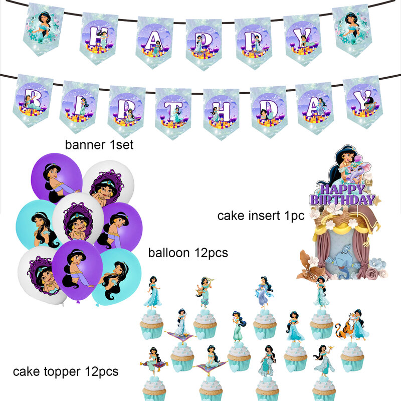 Vajilla desechable decorativa para fiesta de cumpleaños, tema de Aladdín, princesa Jasmine, Fondo de globo, regalo para niña