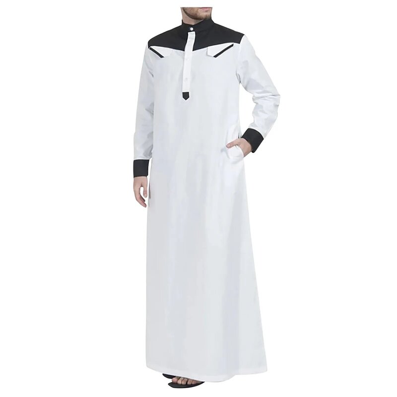Bata musulmana tradicional de manga larga para hombre, ropa de moda de Color de contraste, Thobes árabes saudíes, Ramadán, Jalabiya, Abaya de Oriente Medio