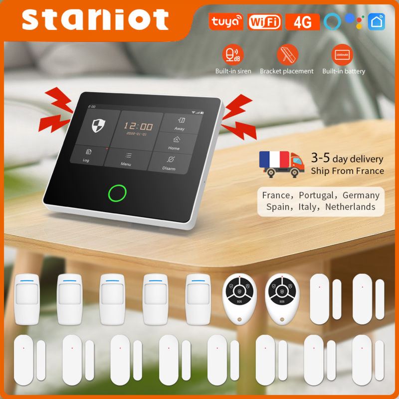 Staniot – système de sécurité domestique sans fil, wi-fi 4G, Tuya, capteurs d'alarme pour maison intelligente, sirène intégrée, fonctionne avec Alexa,Support App Kit de cambriolage à distance
