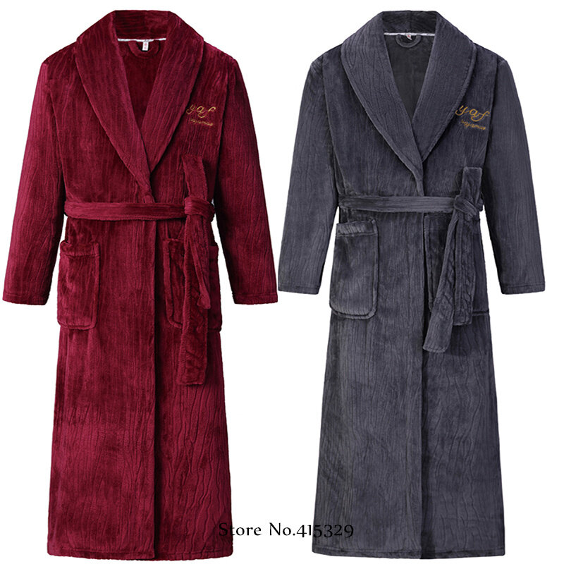 Plus Size 3xl 4xl Heren Lange Robe Kimono Badjas Jurk Winter Nieuwe Heren Homewear Losse Koraal Fleece Dikker Nachtkleding Nachtkleding