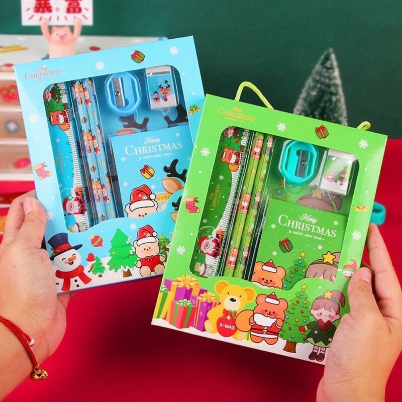 6Pcs/set Christmas Stationery Set (Ruler +Pencil +Eraser +Pencil Sharpener +Memo pad )Kit Kids Stationery Gifts Students