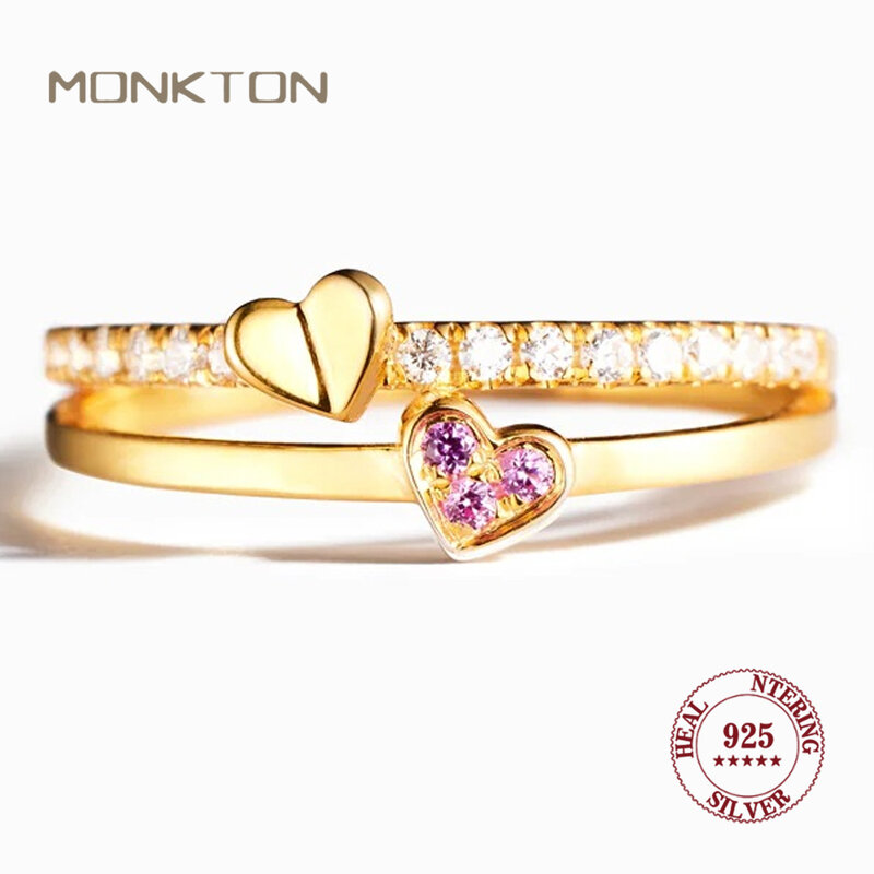 Monkton Genuine 925 Sterling Silver 2 Hearts Ring for Mothers Day Gifts 14K Gold Plated Pink Zirconia Engagement Rings for Women