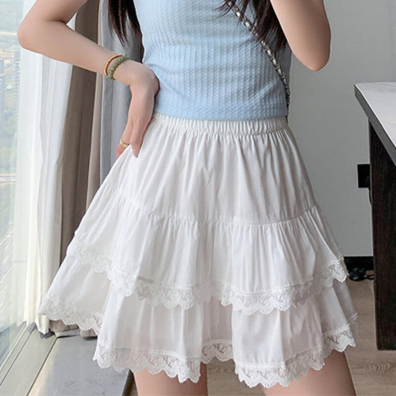 Nowość w stylu baletowym Koronkowa spódnica z ciasta dla kobiet 2024 Koreańska moda Letnie spódnice z wysokim stanem Słodka linia A Czarne białe spódnice