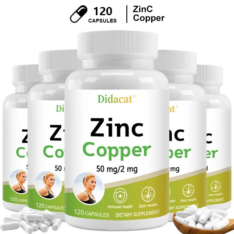 Suplemento dietético de zinco e cobre, 120 cápsulas, Suplemento mineral e antioxidante, Imunidade e humor, Suporta a saúde da pele