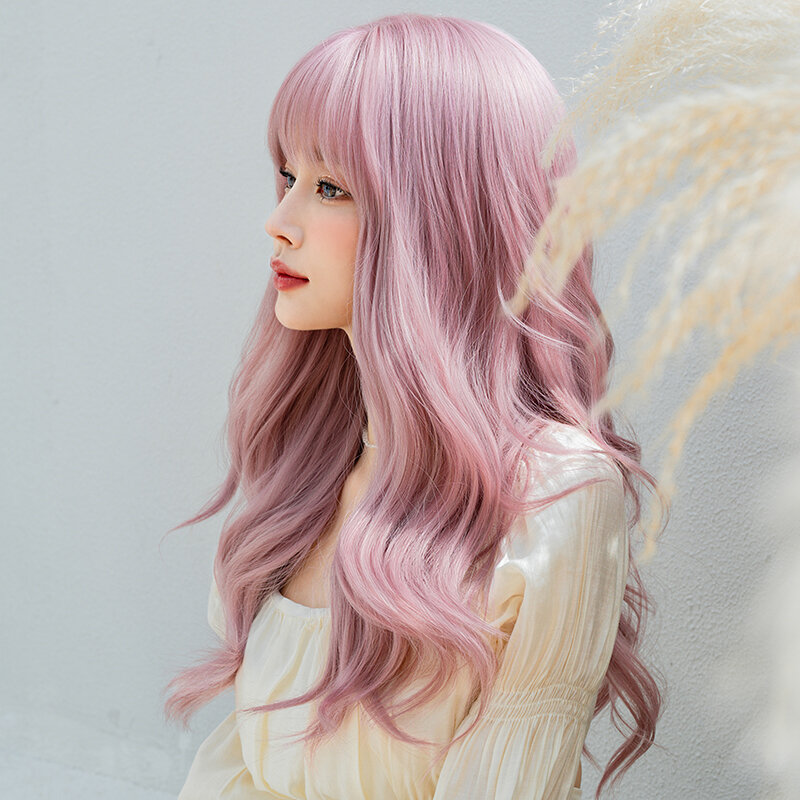 7JHH 코스튬 합성 바디 웨이브 핑크 가발, 앞머리 포함, 고밀도 보라색 가발, 여성용 일상 사용 내열성