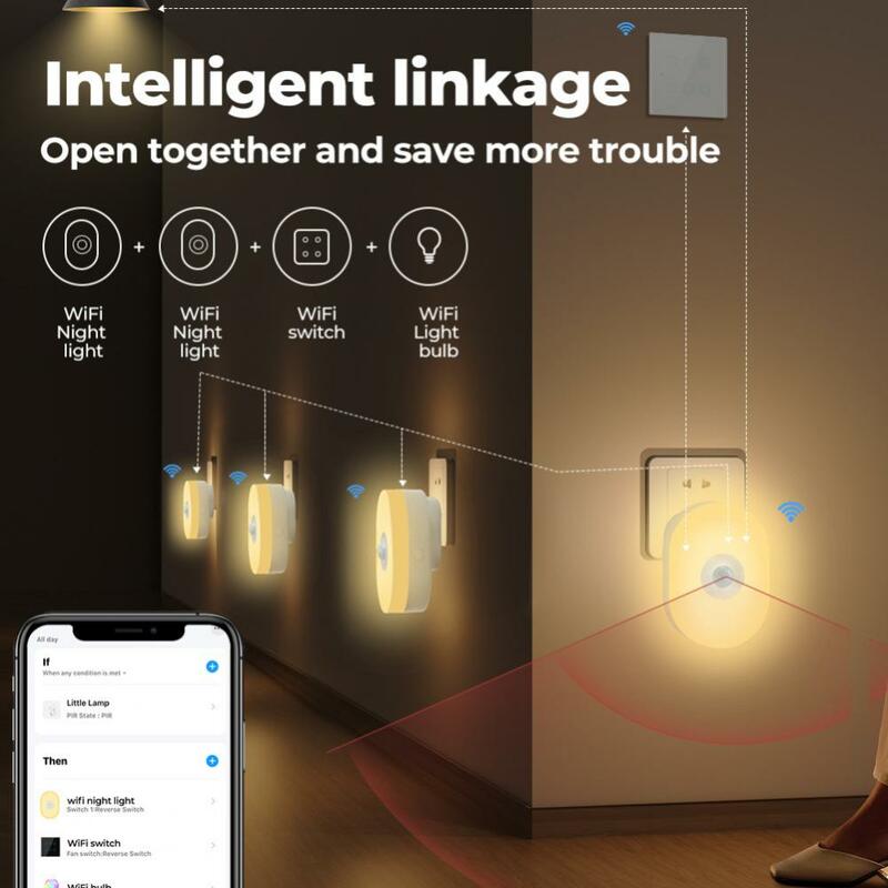 Luz Led nocturna inteligente con Sensor de movimiento PIR, lámpara de pared con enchufe para UE, EE. UU., Reino Unido, color blanco cálido, habitación RGB, aplicación de voz para Alexa Home, WiFi, Tuya