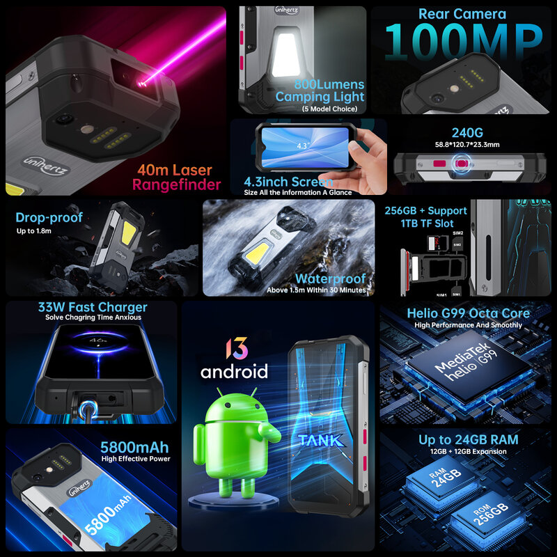 Unihertz-8849 Mini Smartphone Robusto, 4.3 Polegada Display, Android 13, 5800mAh, 24GB, 256GB, Helio G99, Octa Core, Câmeras 100MP, IP68