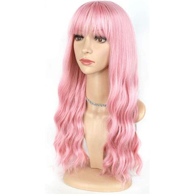 Peluca rosa con flequillo, peluca ondulada larga con flequillo de aire, sedosa, completa, resistente al calor, reemplazo de cabello, aspecto Natural