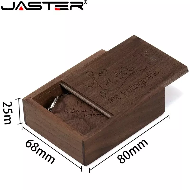 JASTER-memoria USB con forma de corazón de madera de nogal, Pendrive creativo con logotipo personalizado, caja de regalo, 8GB, 16GB, 32GB, 64GB