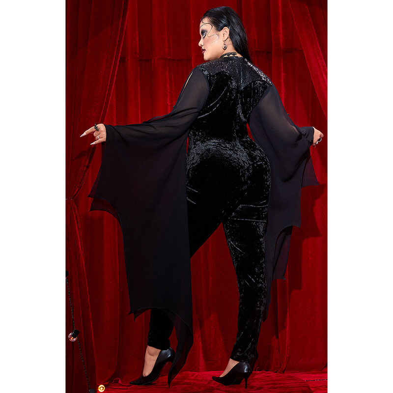 Macacão preto de veludo morcego meia-noite feminino, traje de Halloween plus size