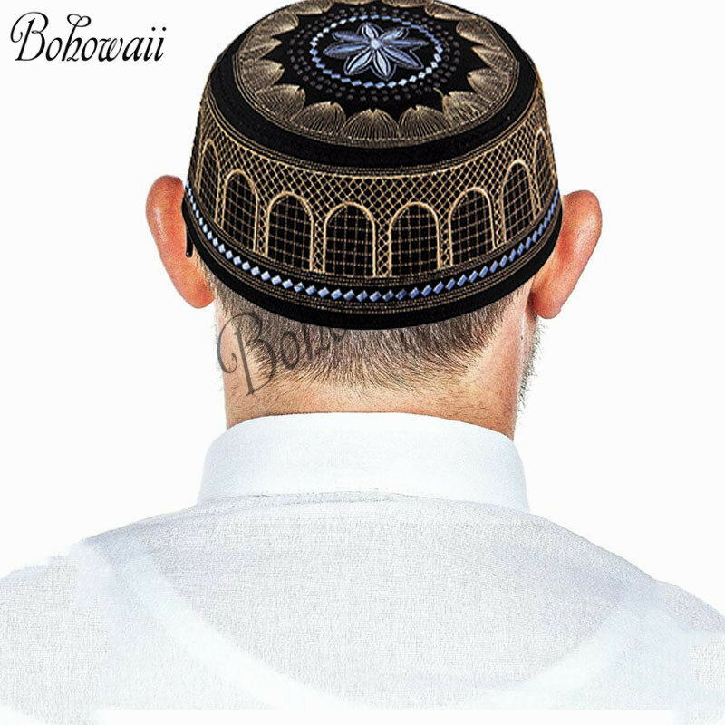 BOhowaii-男性用のイスラム教徒の祈りのキャップ,イスラム教徒の植物の祈りのための刺繍された帽子