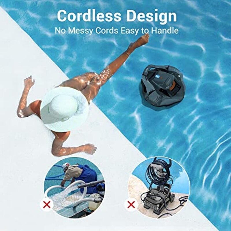 Aspirateur de piscine robotique sans fil, autonomie de 90 minutes, technologie d'auto-stationnement, indicateur LED