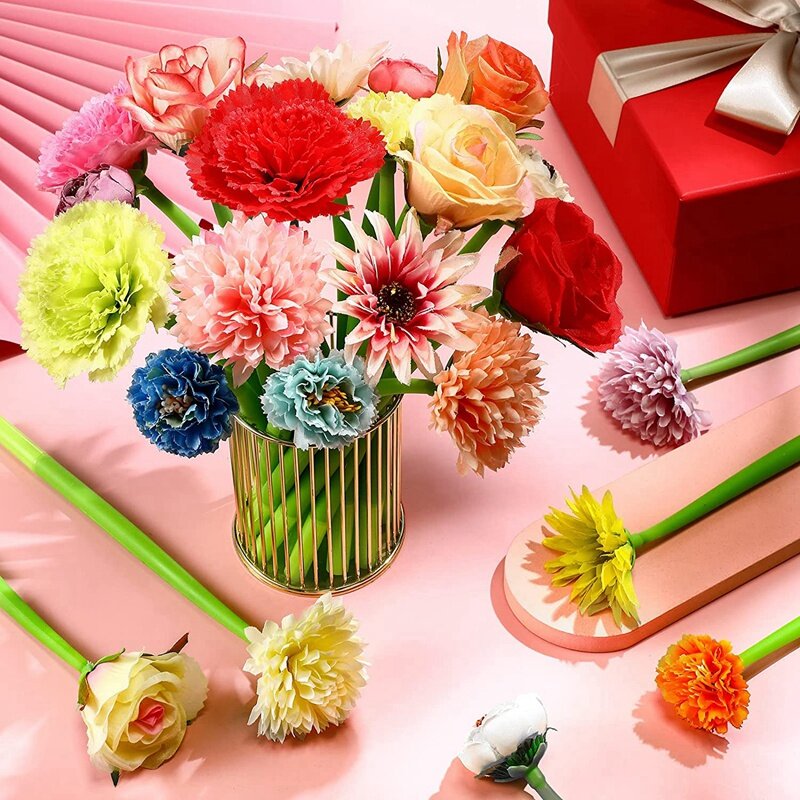 Bolígrafos de flores de varios colores para piezas, bolígrafo de clavel de margaritas rosas artificiales de 0,5 Mm, tinta negra, novedad, 24 unidades