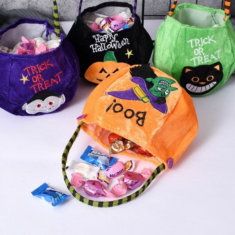 حقيبة يد يقطين للهالوين ، حقيبة حلوى ، حقيبة هدايا خدعة أو علاج ، قطة سوداء سعيدة ، ساحرة