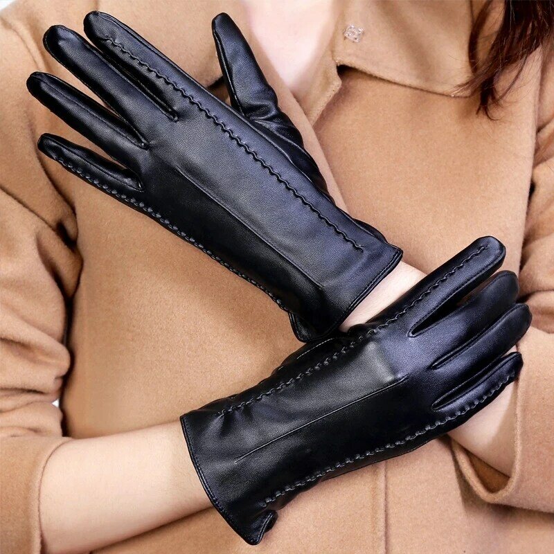 Women Fashion Velvet Lining PU Leather Gloves Female Winter Outdoor Motorcycle Riding Driving Warm Lady Sheepskin Points T229