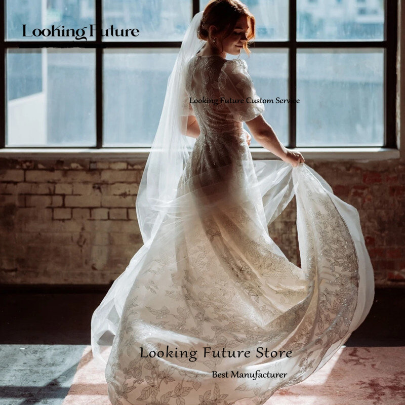 Простое Кружевное белое свадебное платье с V-образным вырезом и коротким рукавом, аппликация, а-силуэт, сексуальные платья до пола для невесты, искусственное платье, индивидуальный пошив