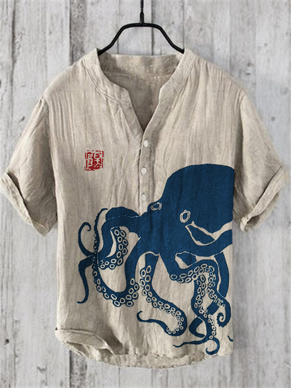 Camiseta de cáñamo de bambú con transferencia de calor Digital 3D, camisa de manga corta con cuello de Pie Grande, 3 botones, Extra grande, novedad de verano, 2024