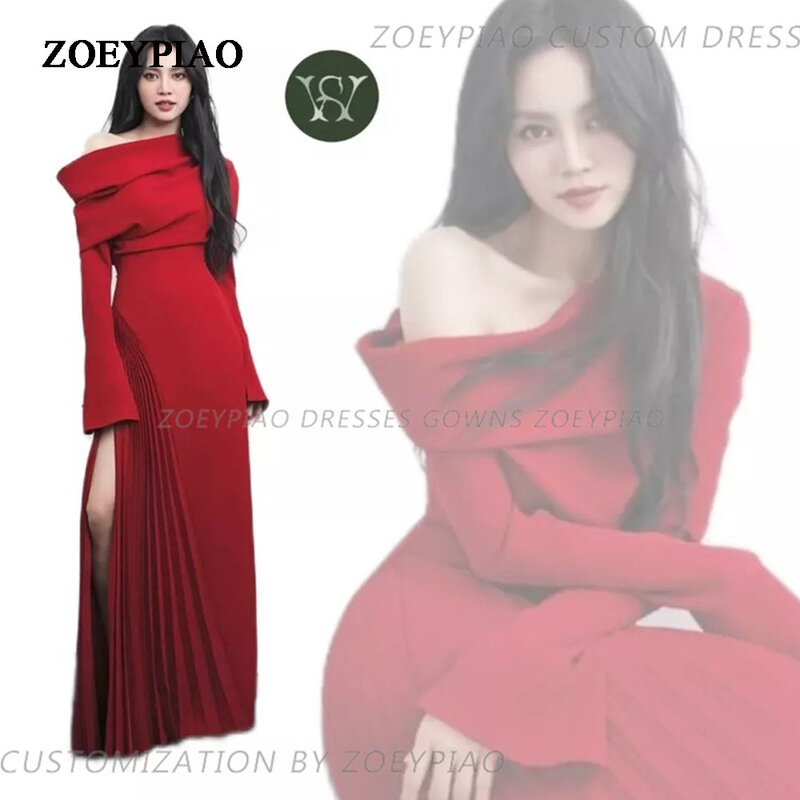 2024 Robe De Soiree Red Mermaid Evening Dresses Gowns Full Sleeves Side Slit Matte Satin Vestidos Para Fiesta De Día Y Noche
