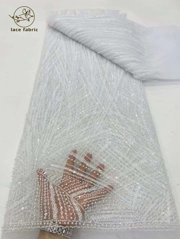 Tessuto di pizzo netto con paillettes francesi bianche 2024 tessuto di pizzo con perline 3D africano di alta qualità ricamo nigeriano tessuto di pizzo per feste in Tulle