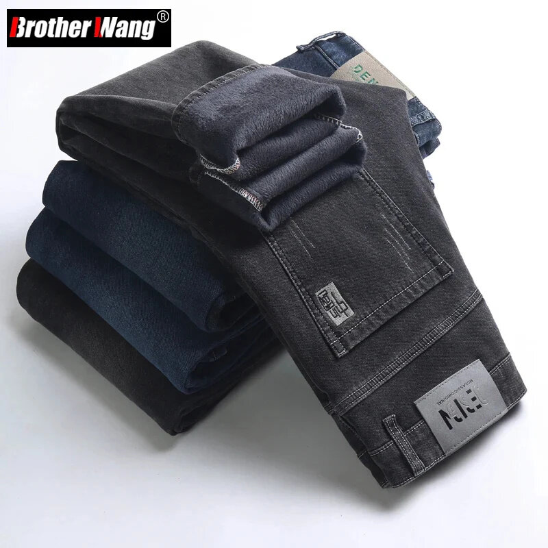 Straight Embroidered Men's Fleece Jeans Winter New Thickened Warm Comfortable Slim Stretch Male Clothing Plush Denim Trousers