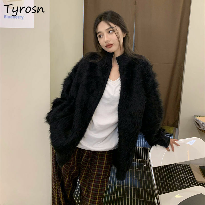Cardigans de pelúcia estilo coreano feminino, jaqueta preta, gola alta, monocromática, casual, simples, luxo, elegante, streetwear, moda, outono, inverno