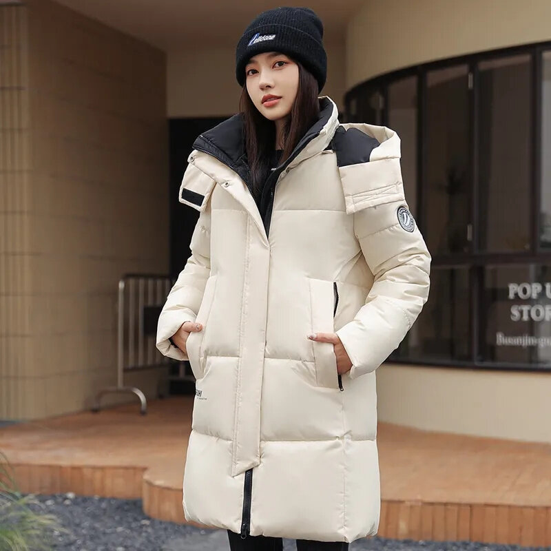 Winter New Women Hooded Long Down Cotton Jacket Korean Solid Warm Parka Overcoat Female Zipper Casual Snow Wear Coat Oversized