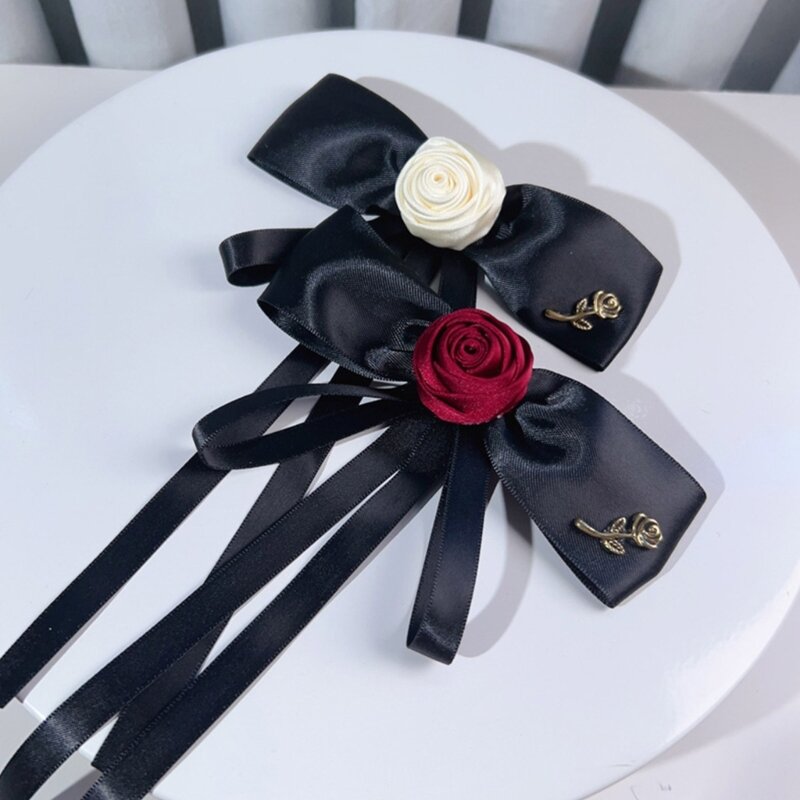 Elegant Camellia Pins Necktie with Ribbon and Bow Ribbon Versatile Accessory Rose Collar Lady Brooches