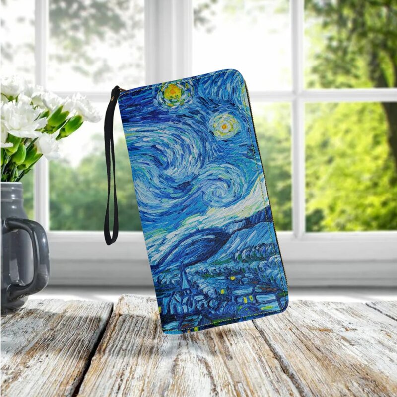Van Gogh Oil Painting Starry Night Luxury Design Long Zipper Wallet Fashion Party Trend Card Holder Coin Purse PU Leather Clutch