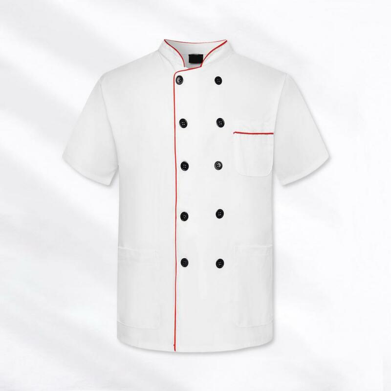 Stand Collar Chef Uniformes com Double Breasted Design Patch bolsos, Premium Unisex Uniformes, Ideal para Restaurante, Padaria, Garçom