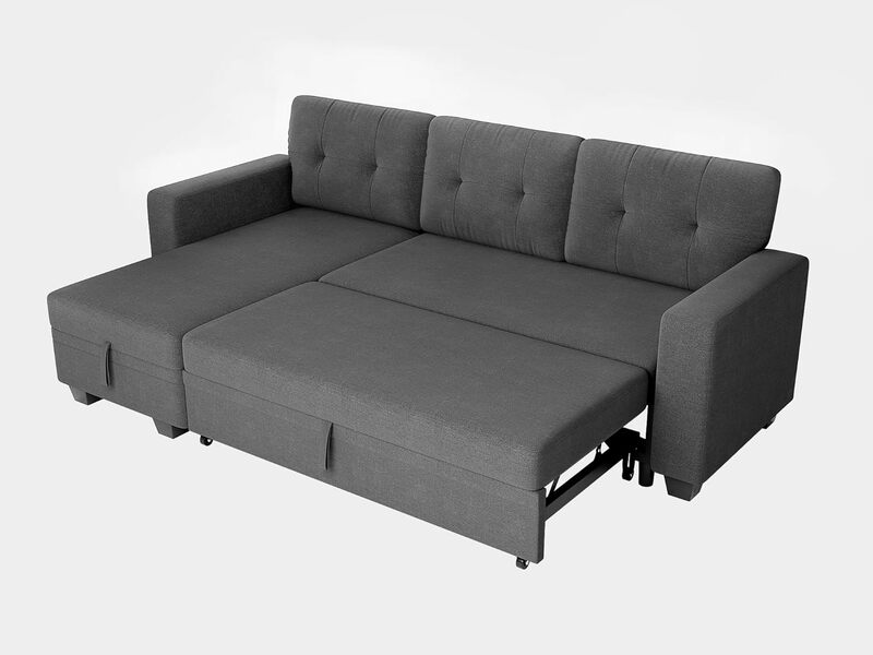 Sofá-cama reversível conversível, sofá-cama com espreguiçadeira, móveis de linho para o quarto, cinza escuro, 1 conjunto