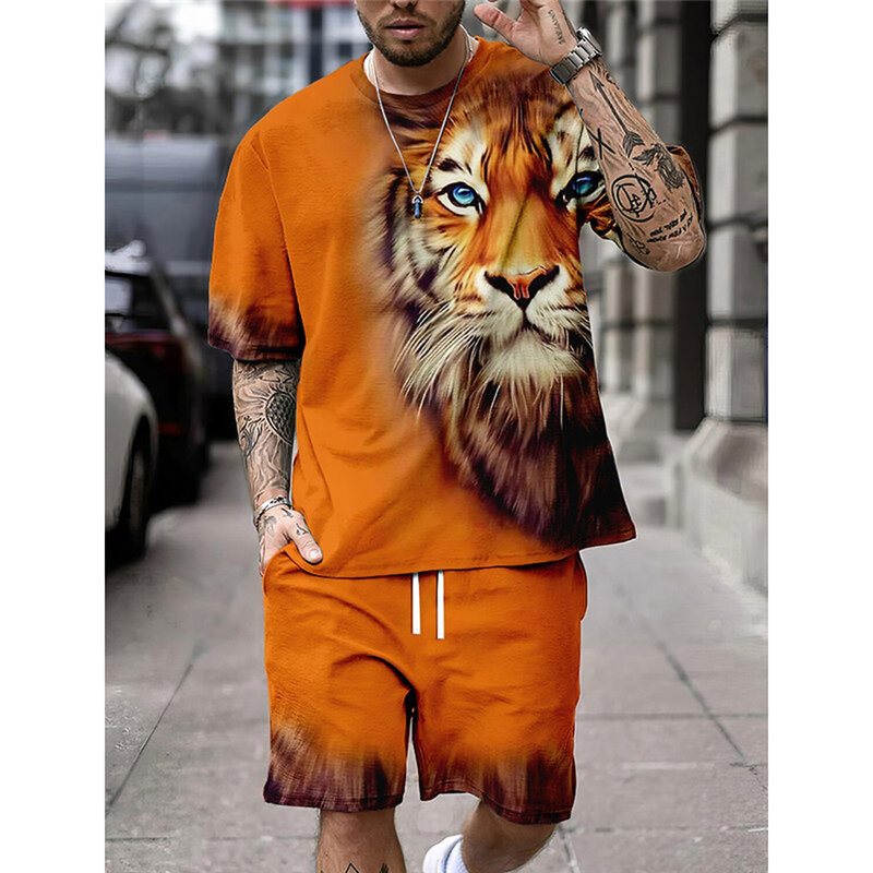 동물 프린트 남성용 티셔츠 세트, O-넥 반팔 상의 및 반바지, 일상 거리 통근자 캐주얼 웨어, 여름 패션