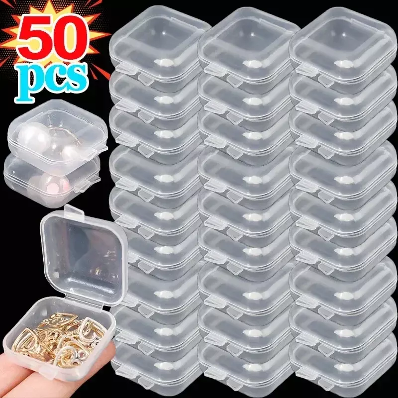 5-50Pcs/Lot Mini Square Storage Box Transparent Plastic Flip Cover Small Case Pill Jewels Dustproof Storage Pack Boxes Wholesale